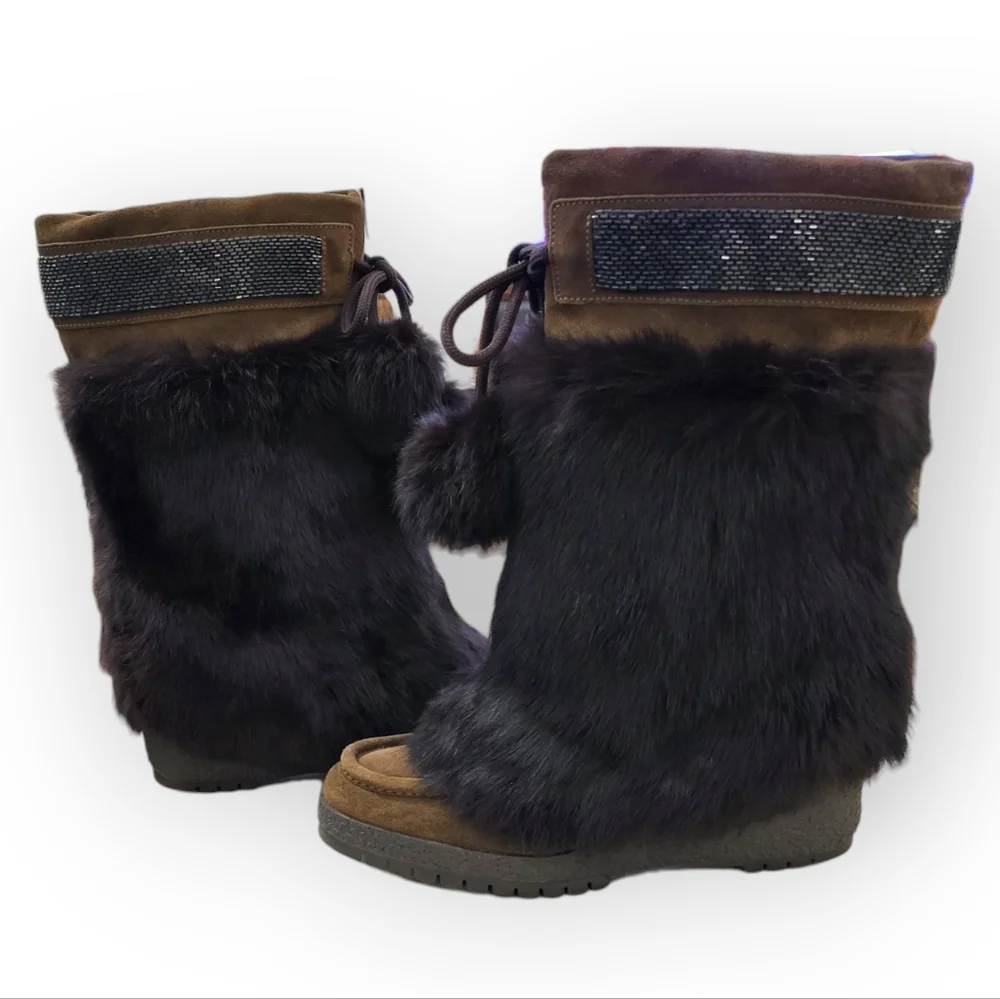 COACH Maryann Rabbit Fur Suede Boots Brown Beaded Trim Pom Pom Ties 8